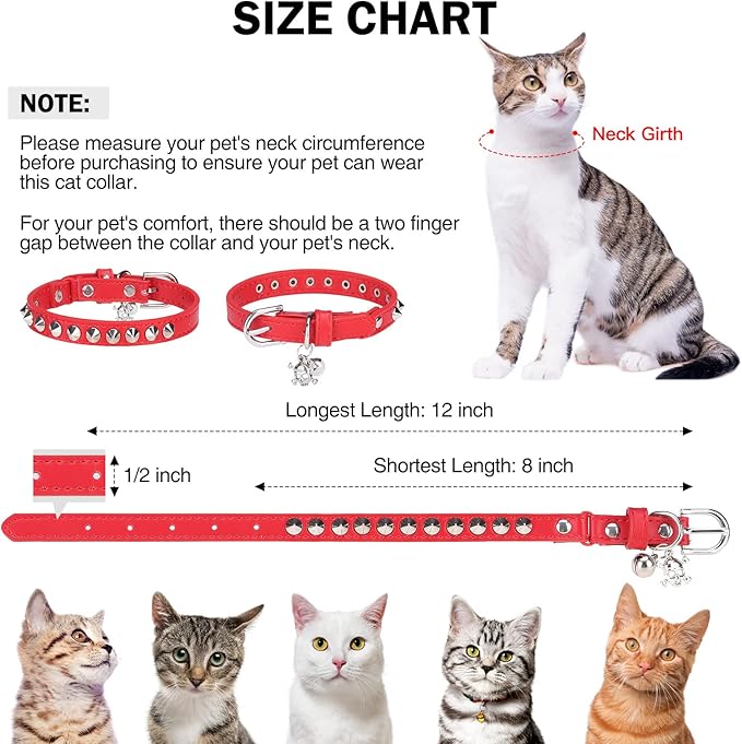 Leather Cat Collars for Boy Girl Cats with Bell and Safety Elastic Belt, Personalized Rivets Stud Adjustable Safe Buckle Collar with Skull Charm for Kitty Small Pets, Red