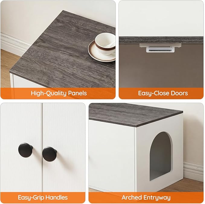HOOBRO Cat Litter Box Enclosure, Hidden Litter Box Furniture with Side Entry, Litter Box Cabinet, Indoor Cat House, End Side Table, 31.5" L x 17.7" W x 16.3" H, White and Charcoal Gray BW40MW01