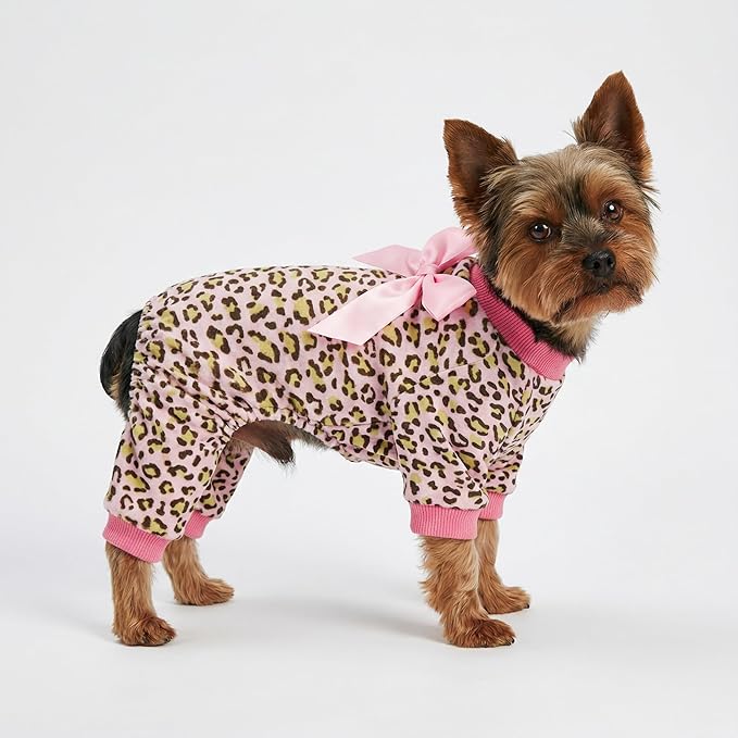 Fitwarm Leopard Dog Pajamas, Fleece Dog Clothes for Small Dogs Girl with Legs, Pet Onesie, Cat Outfit, Pink, XXL