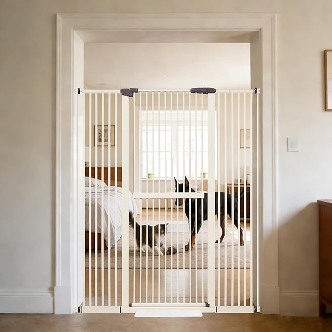 Lumizone Extra Tall Cat Gate 61.02" High Pressure Mounted Extra Wide 38.39"-59.24" (17Sizes) 1.37" Gap No Drilling Auto-Close Tall Pet Gate for Dogs (Cream, 30.12"-59.24" W)