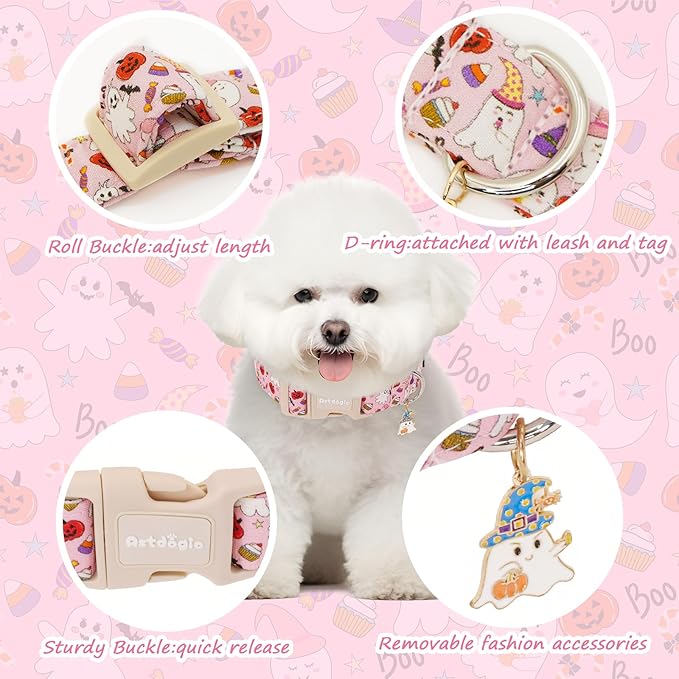 Halloween Dog Collar, Fall Dog Collars for Medium Dogs, Cute Pink Puppy Collar with Adorable Ghost & Pumpkin Design, Soft Cotton Medium Dog Collars Girl Boy Dog Collar-M