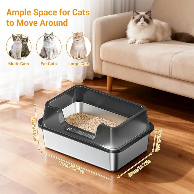 Stainless Steel Litter Box, XL Enclosed Cat Litter Boxes with Lid for Big Cats and Multi-Cats, High Sided, Anti-Urine Leakage Non-Stick Bottom Include Scoop Easy to Clean