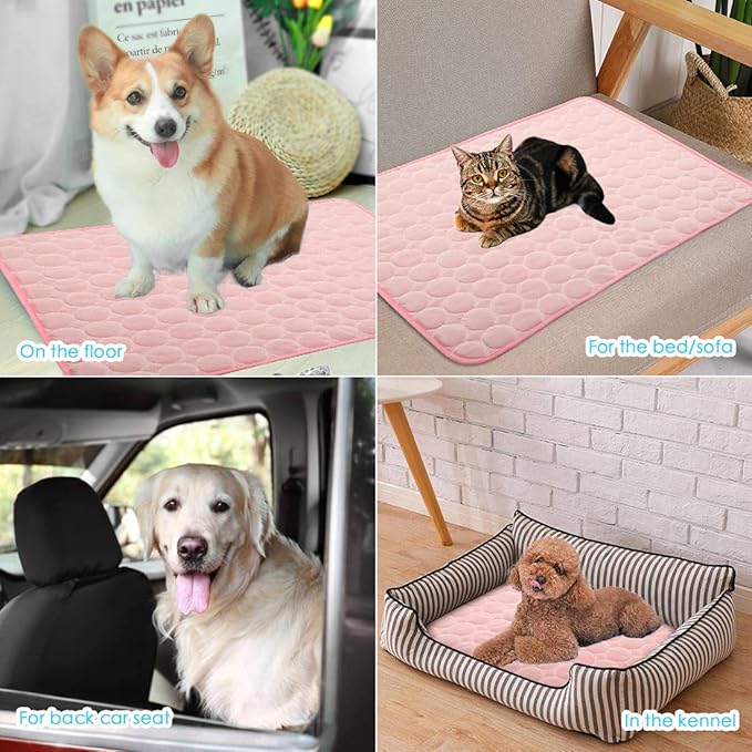 SOMOYA Dog Self Cooling Mat, Pet Washable Cooling Pad Blanket, Ice Silk Sleep Kennel Bed, Non-Toxic Breathable for Large Dogs Cats, Beach (Pink, 27.5x39.4 in)