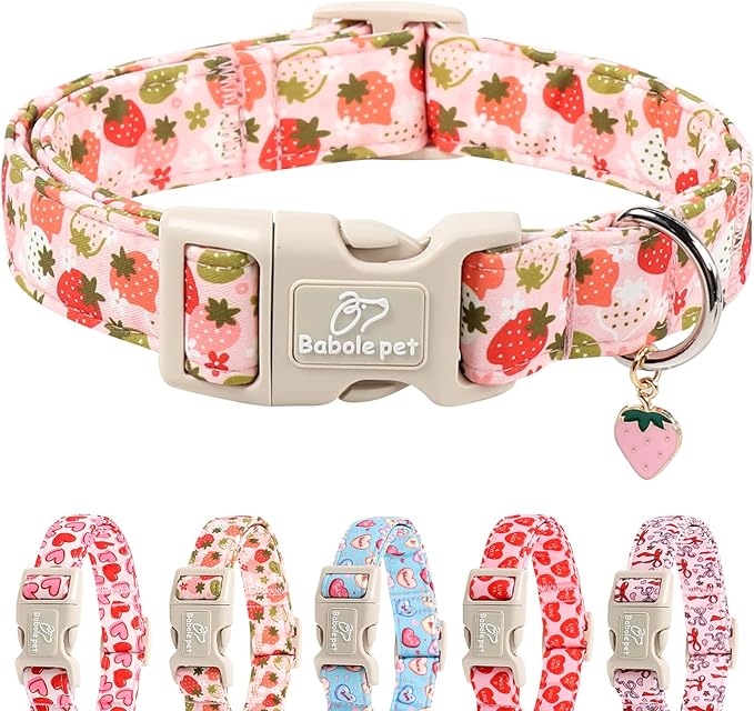 Strawberry Dog Collar for Large Dogs - Cute Spring Pink Dog Collars, Summer Pastel Puppy Collars, Soft Adjustable Boy Girl Dogs Collar with Quick-Release Buckle L