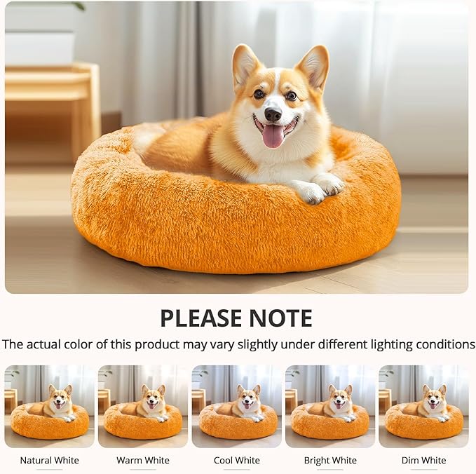 JOLLYVOGUE Calming Dog Bed Large Size Dog, Anti-Anxiety Donut Large Pet Bed, 36 inches Fluffy Faux Fur Round Cat Bed, Fits up to 75 lbs Pets (Orange)