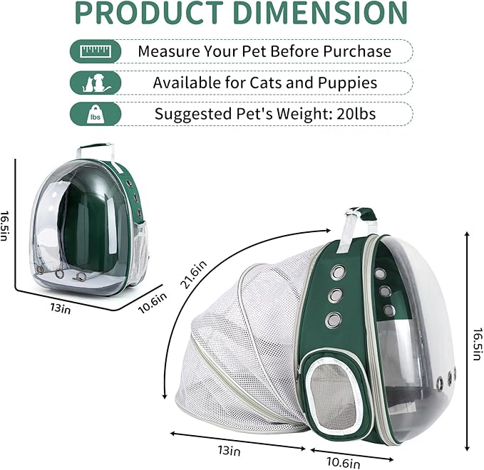 Cat Backpack Carrier, Back Expandable Pet Backpack with Bubble Window, Airline Approved Pet Travel Bag for Small/Medium Cats & Puppies, Hiking, Camping, Outdoor Use (Green)