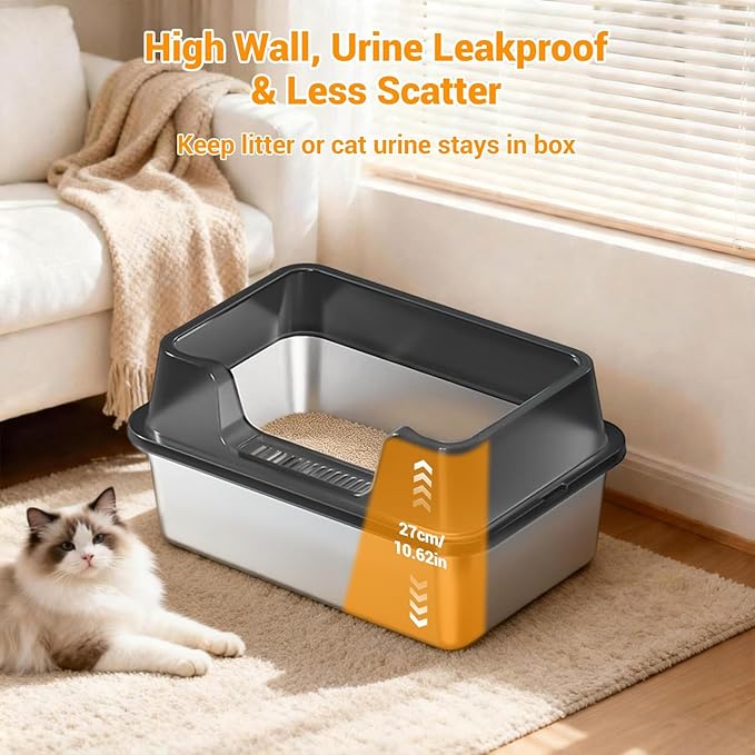 Stainless Steel Litter Box, XL Enclosed Cat Litter Boxes with Lid for Big Cats and Multi-Cats, High Sided, Anti-Urine Leakage Non-Stick Bottom Include Scoop Easy to Clean