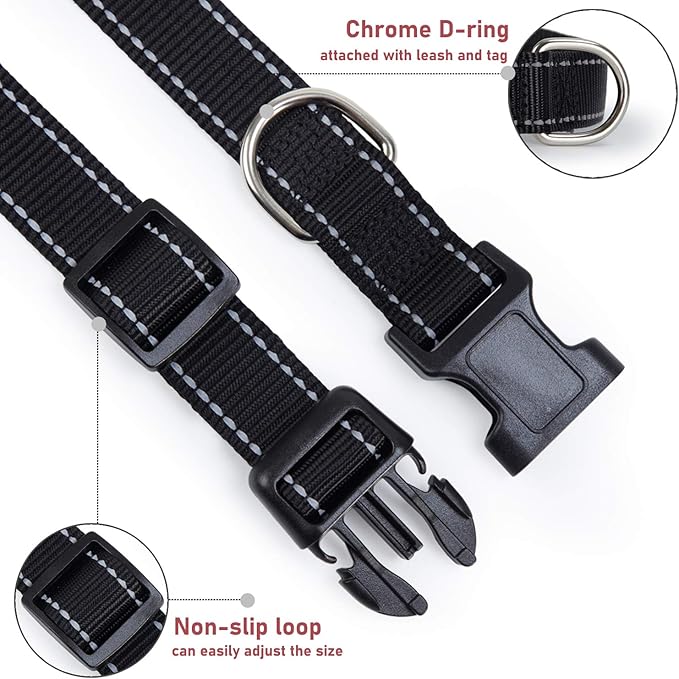 Reflective Dog Collar with Buckle Adjustable Safety Nylon Collars for Small Medium Large Dogs, Black XS