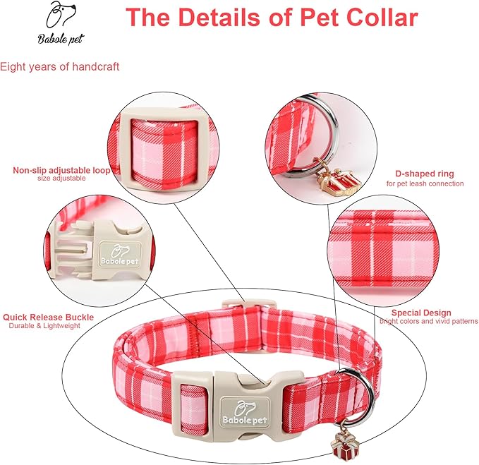 Plaid Dog Collar - Cute Red and Pink Plaid Puppy Collar with Safety Buckle, Soft Adjustable Holiday Dog Collars for Small Medium Large Dogs XS