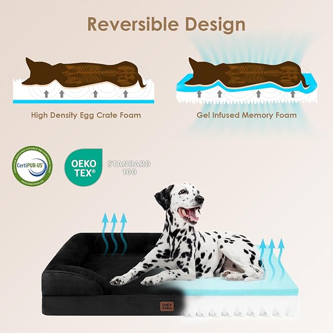 EHEYCIGA Orthopedic Dog Beds for Large Dogs, Waterproof Memory Foam Large Pet Bed with Sides, Non-Slip Bottom and Egg-Crate Foam Dog Couch Bed with Washable Removable Cover, Black