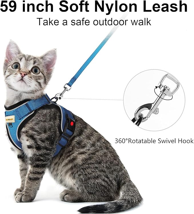 Cat Harness and Leash for Walking, Retractable Cat Harnesses and Leash Set Escape Proof, Breathable Soft Kitten Small Large Harness for Travel Training and Walking, Blue, M