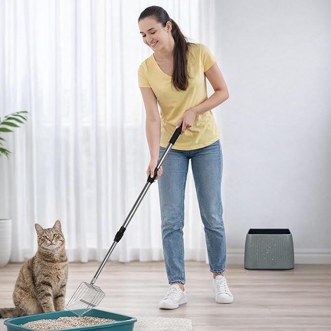 XBX Long Handle Cat Litter Scoop with Holder, Adjustable Extendable Metal Litter Scooper, Stainless Steel Shovel Sifter for Litter Box Cleaning, Durable Cat Pooper Scooper for Home Use