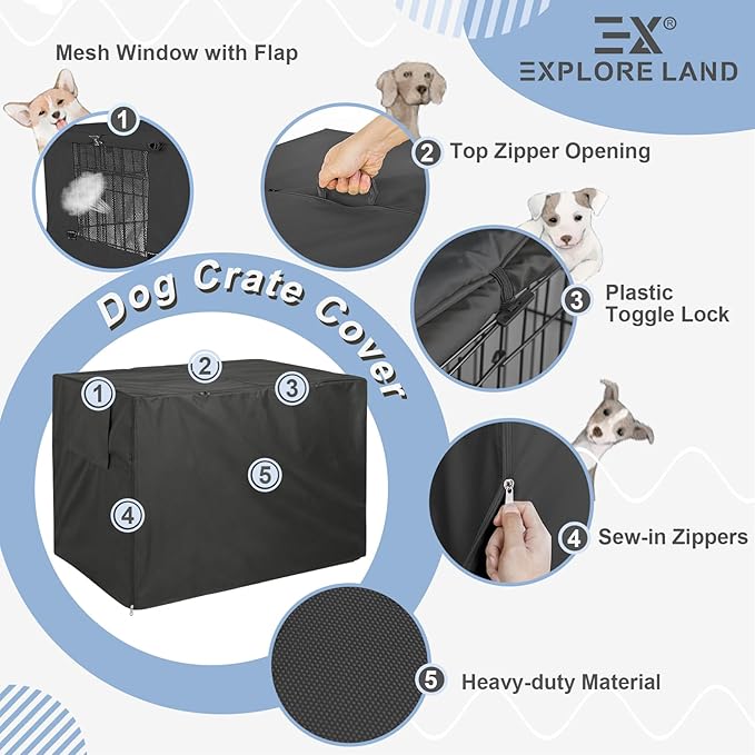 Explore Land Dog Crate Cover Heavy Duty Polyester Pet Kennel Sunshade Universal Fit for 18 inches Wire Cage (Black)