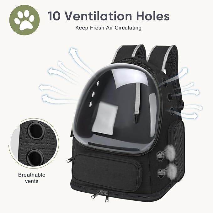 Breathable Cat Backpack Carrier, Large Space Cat Bubble Backpack for Kitty & Small Dog up to 18lbs, Foldable Cat Carrier Backpack, Transparent Airline Approved Carrier for Travel (Black)