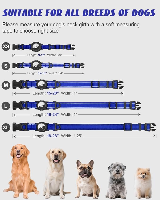 Joytale Airtag Dog Collar, Reflective Pet Collar with Waterproof AirTag Holder, Dual D-Rings, Soft Padded Adjustable for Large Dogs, Navy Blue, L