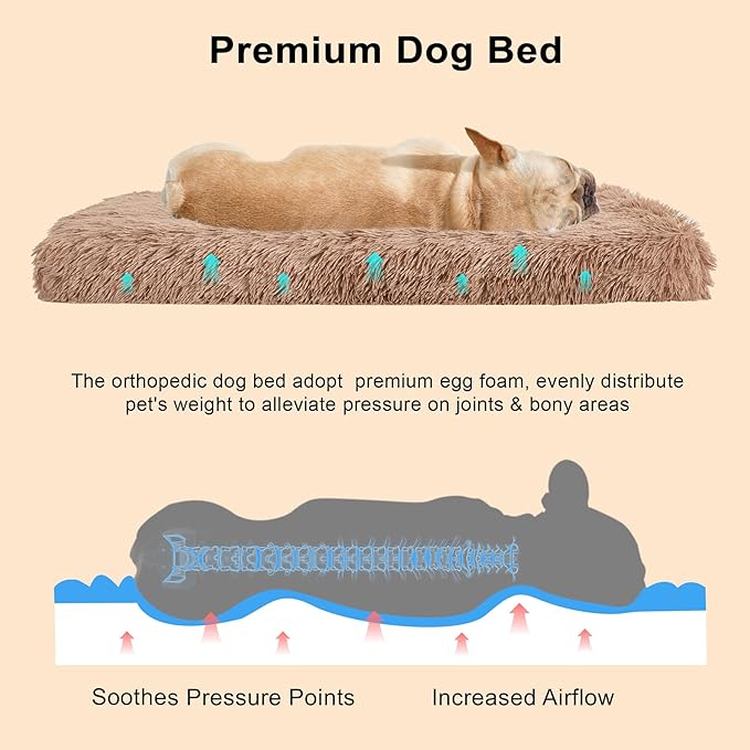 Fluffy Orthopedic Dog Beds for Medium Dogs with Washable Removable Cover Dog Crate Bed Egg Crate Foam Support Plush Pet Pad Mat with Anti-Slip Bottom(36 * 24,Khaki)