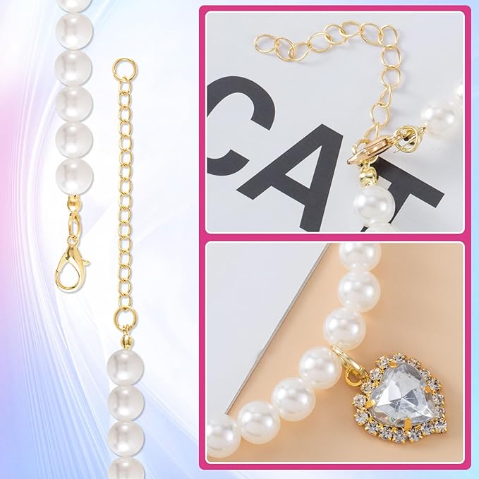 2pcs Cat Dog Pearl Collar, Small Heart Shape Rhinestone Pet Necklace, Adjustable Wedding Party Pet Jewelry Accessories for Puppy Small Cats- White & Pink