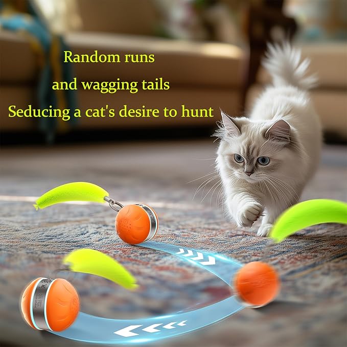 Interactive Cat Toy Ball Automatic Interactive Cat Toys for Indoor Cats with 3 Tails Birdsong 3 Modes Newly Upgraded Speedy 2.0 Tail Cat Toys for Kitten/Medium/Large Cats to Keep Them Busy(Orange)