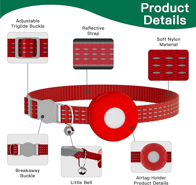 Cat GPS Tracker for Cats, Waterproof Pet GPS Tracker,Compatible with Apple Find My App (Only iOS), No Monthly Fee, Red