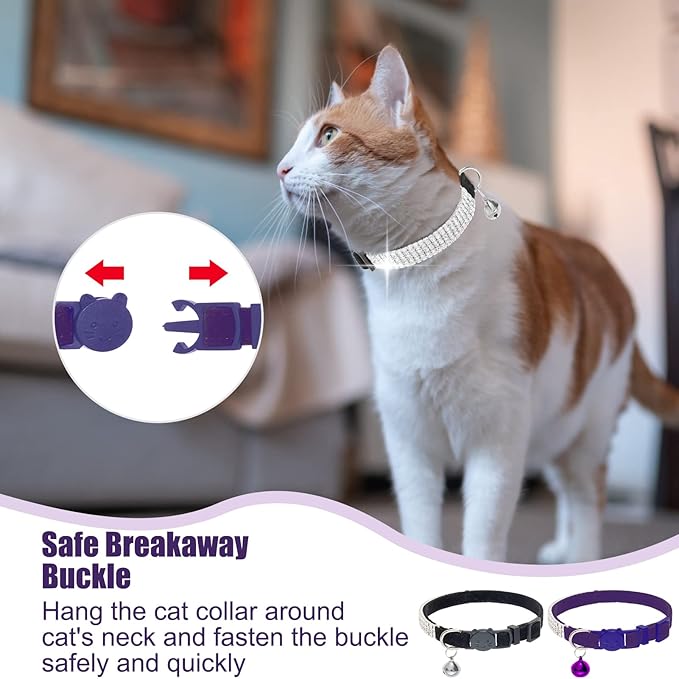 EXPAWLORER Soft Velvet Safe Cat Collars for Girl Cats -2 Pack Rhinestones Bling Diamante Adjustable Collars Breakaway- Chirstmas Cat Clollar Gifts with Bells for Boy Cats Kitty and Small Dogs