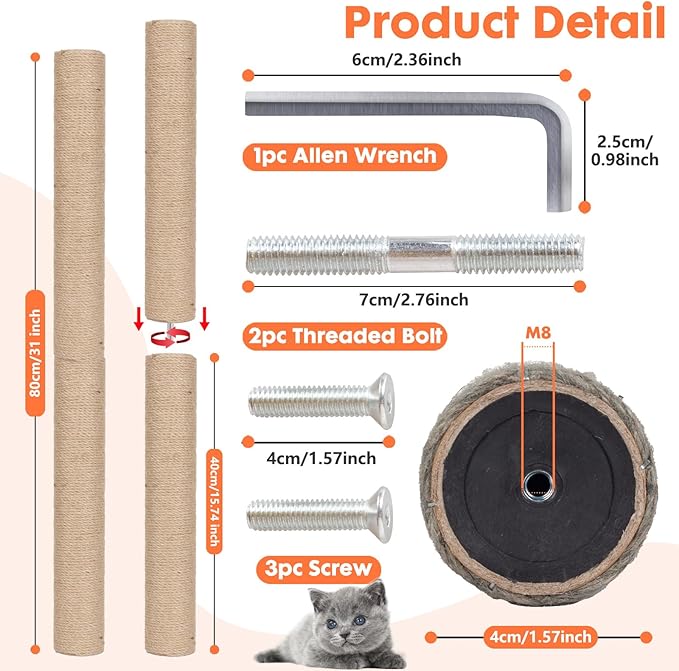 PowerKing Natural Sisal Replacement Scratching Post, 15.7'' 2 Pieces M8 Cat Scratch Post Refill Pole Parts for Refurbishment, Include Screws (Natural)