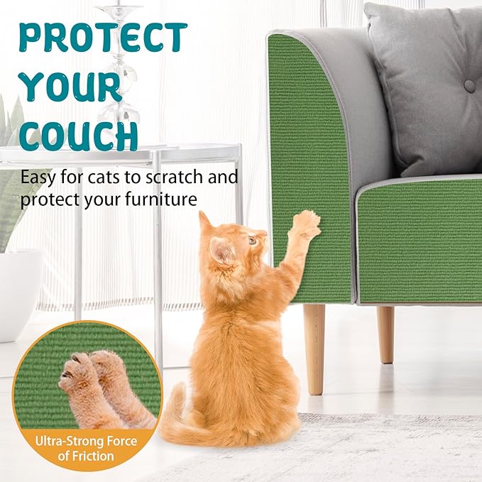 Climbing Cat Scratcher Mat Trimmable Cat Scratching Post Carpet 157.4’’x15.8’’ Self Adhesive Carpet Mat Pad Replacement for Cat Tree Shelves Post Couch Wall Furniture Steps DIY Protector (Green)