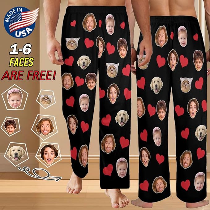 Custom Pajamas Pants with Photo for Men Women:Made in USA Personalized Pajama Trousers,Gifts for Wife Husband