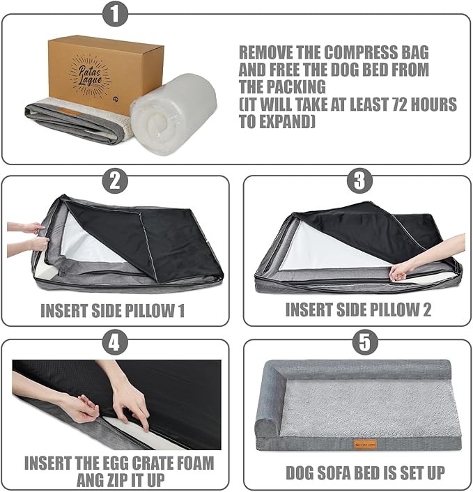 Patas Lague Orthopedic XL Dog Bed Large Sized Dog 42''X28'', Waterproof L Bolster Big Pet Sofa Beds with Removable Washable Cover, Soft Comfortable Pet Couch Crate Mat with Nonskid Bottom, Black