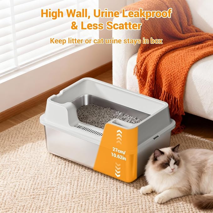 Stainless Steel Litter Box, XL Enclosed Cat Litter Boxes with Lid for Big Cats and Multi-Cats, High Sided, Anti-Urine Leakage Non-Stick Bottom Include Scoop Easy to Clean
