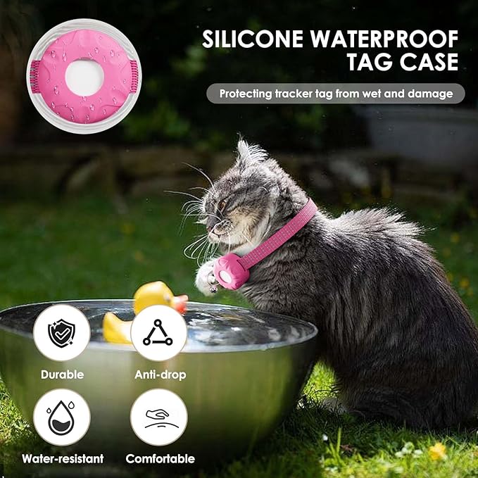 Cat Tracker, GPS Tracker Compatible with Apple Find My App(Only iOS), Waterproof Cat Tracker Collar with Bell and Safety Elastic Buckle, No Monthly Fee Pet Trackers, Works with Any Collar, Pink