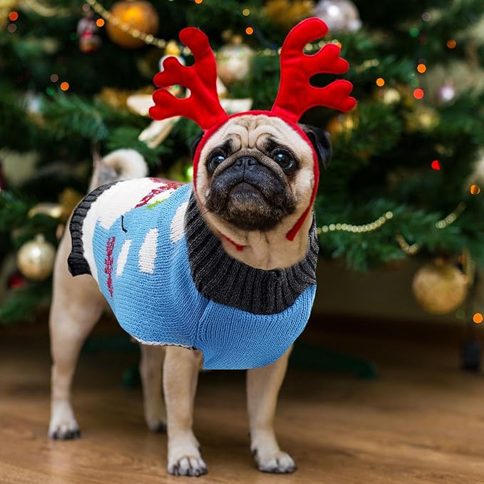 Pet Christmas Dog Sweaters Cute Animal Snowman Printed Puppy Xmas Costumes Winter Warm Turtleneck Jumpers Puppy Knitted Clothes Cat Outfits (L, Blue Snowman)