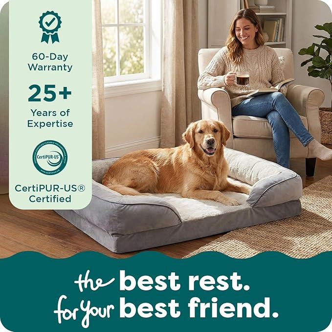 Furhaven Orthopedic Dog Bed for Large/Medium Dogs w/ Removable Bolsters & Washable Cover, For Dogs Up to 55 lbs - Plush & Velvet Waves Perfect Comfort Sofa - Brownstone, Large