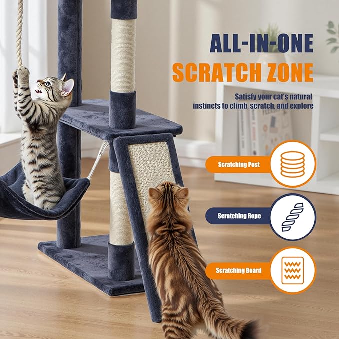 Sweetcrispy 63 inch Cat Tree Tower, Large Multi Level Cat Climbing Tower with Condo, Natural Sisal Scratching Posts, Extended Platform, Hammock, Pet House for Indoor Cats and Kittens Play, Dark Blue