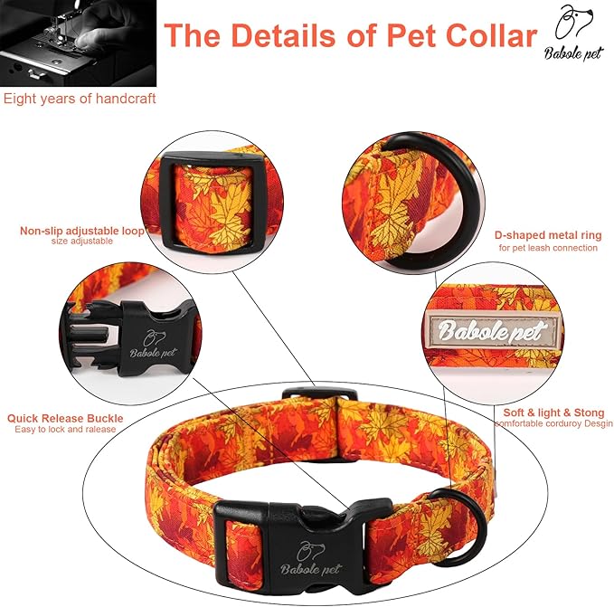 Fall Dog Collar, Gold Maple Leaves Pattern Fall Thansgiving Puppy Collar, Soft Adjustable Cotton Holiday Dog Collars for Small Medium Large Boy&Girl Dogs XL
