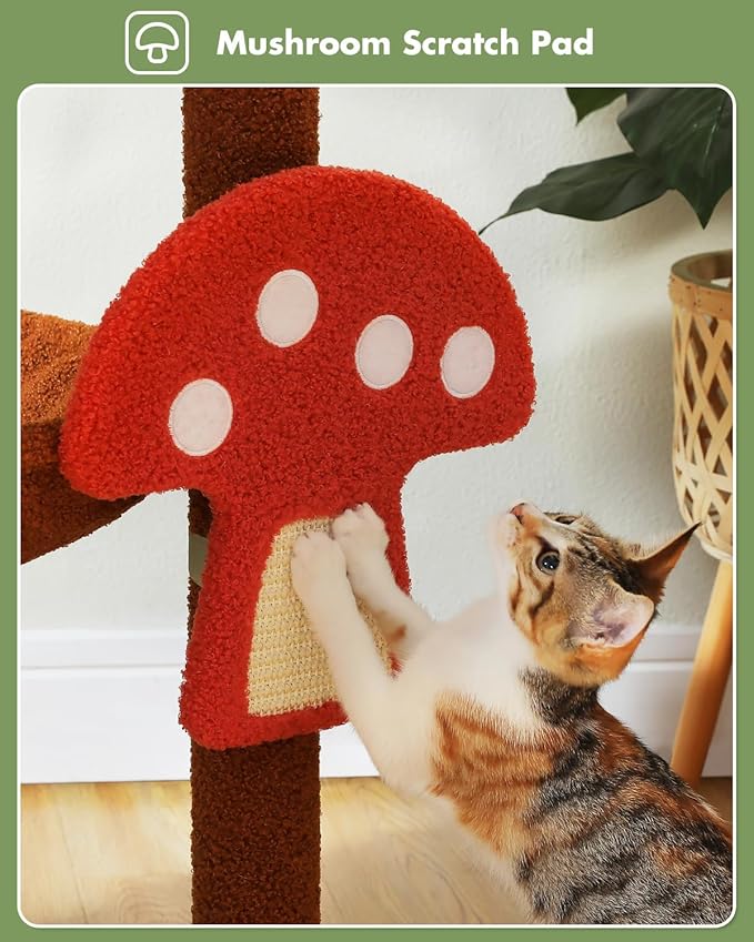 Mushroom Cat Tree Tower with Removable Scratcher, Large Hammock, Condo, Perch, 3 Sisal Posts – Multi-Level Cat Tree for Indoor Cats, Cute Cat Tower for Small Space Homes