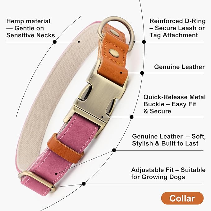 Plutus Pet Genuine Leather & Hemp Dog Collar – Adjustable Heavy Duty Pet Collar with Quick Release Metal Buckle, Soft & Stylish for Puppy and Small, Medium, Large Dogs (Pink, XS)