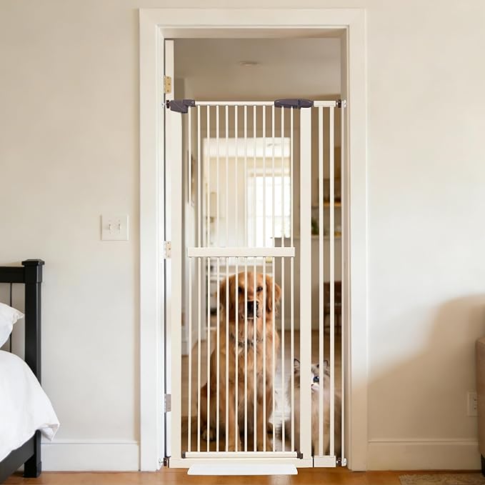 Lumizone Extra Tall Cat Gate 61.02" High Pressure Mounted Extra Wide 34.06"-38.38" (17Sizes) 1.37" Gap No Drilling Auto-Close Tall Pet Gate for Dogs (Cream, 34.06"-38.38" W)