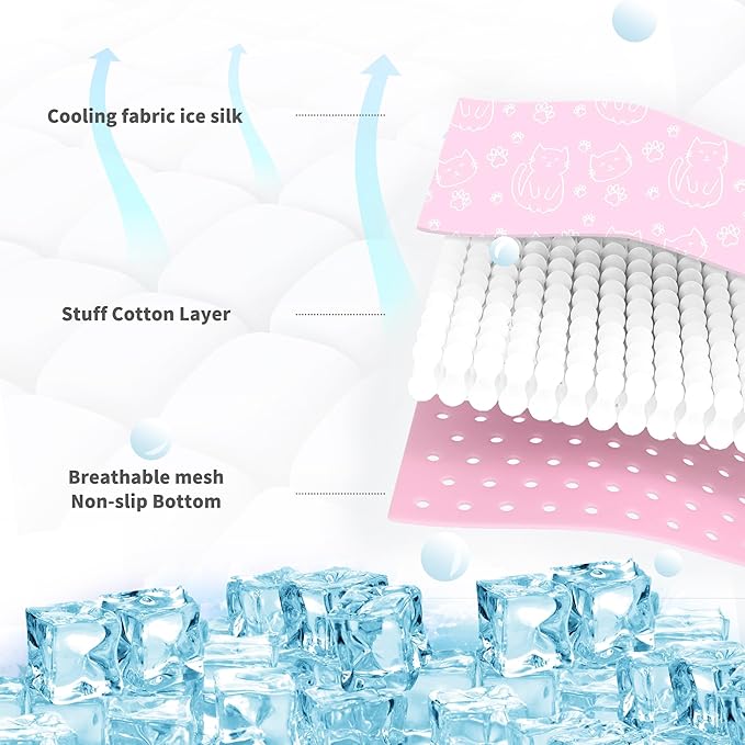 NWK Pet Cooling Mat - Ice Silk Cooling Mat for Dogs & Cats Portable & Washable Pet Cooling Blanket, Car Seats, Beds for Summer (1, Pink Cat, 16’’ X 20’’ X 0.3)