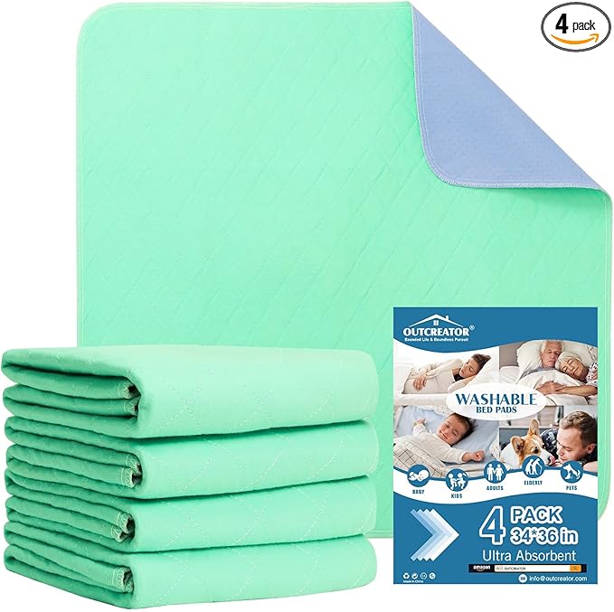 OUTCREATOR® Washable Bed Pads 34" x 36" (Pack of 4), Incontinence Mattress Protector, Anti-Slip Waterproof Underpads for Adults Kids Elderly Pets, Absorbency & Reusable Bedwetting Pads (Solid Green)