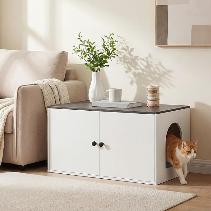HOOBRO Cat Litter Box Enclosure, Hidden Litter Box Furniture with Side Entry, Litter Box Cabinet, Indoor Cat House, End Side Table, 31.5" L x 17.7" W x 16.3" H, White and Charcoal Gray BW40MW01