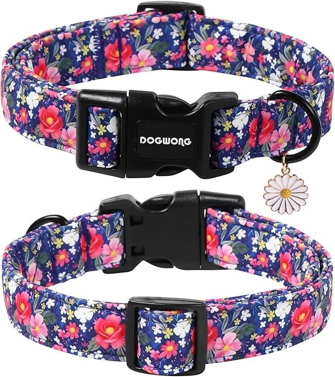 DOGWONG Blue Flower Dog Collar, Cute Adjustable Floral Collar, Girl Female Dog Collar with Strong Plastic Buckle for Small Medium Large Dogs,XL