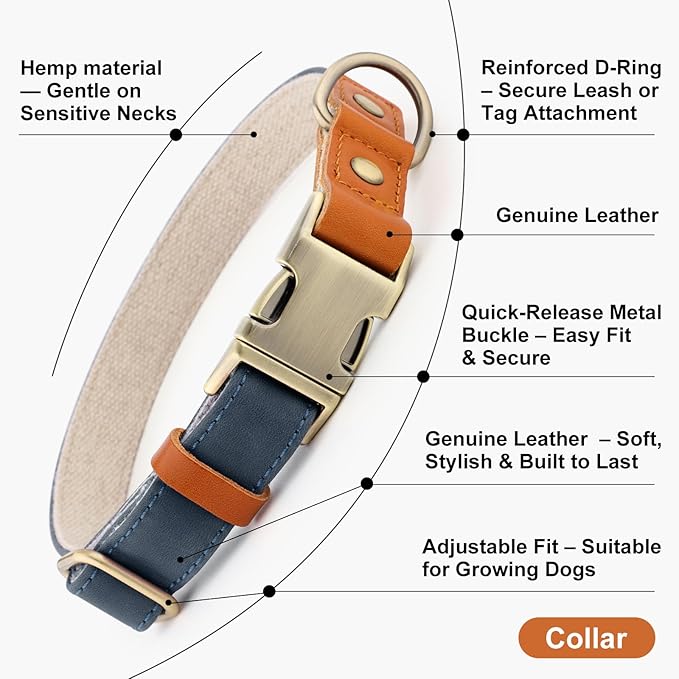 Plutus Pet Genuine Leather & Hemp Dog Collar – Adjustable Heavy Duty Pet Collar with Quick Release Metal Buckle, Soft & Stylish for Puppy and Small, Medium, Large Dogs (Blue, S)