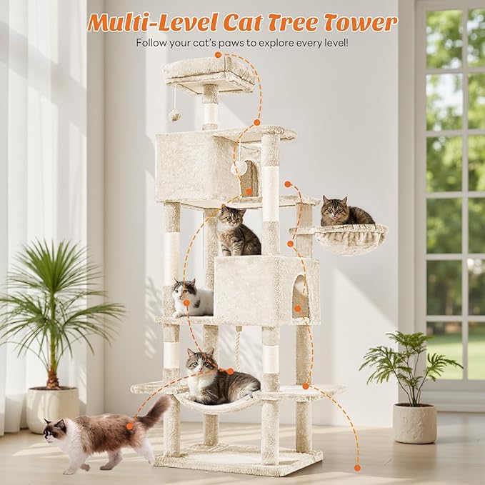 Sweetcrispy 66 inch Cat Tree Tower, Large Multi Level Cat Climbing Tower with Condo, Natural Sisal Scratching Posts, Extended Platform, Hammock, Pet House for Indoor Cats and Kittens Play, Beige