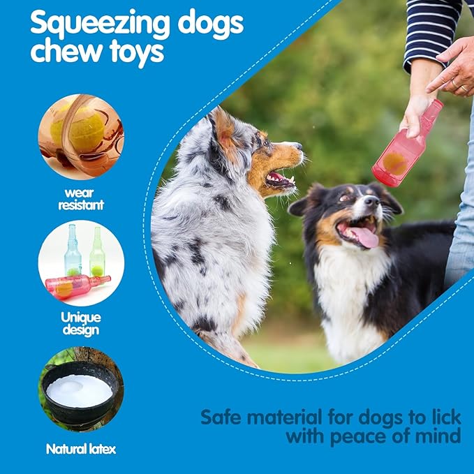 Cute Tough Dog Toy Rubber Bottle Squeaky Dogs Chew Toy Long Lasting Interactive Fetch Toy for Teething Tennis Ball Included (Green, Large)