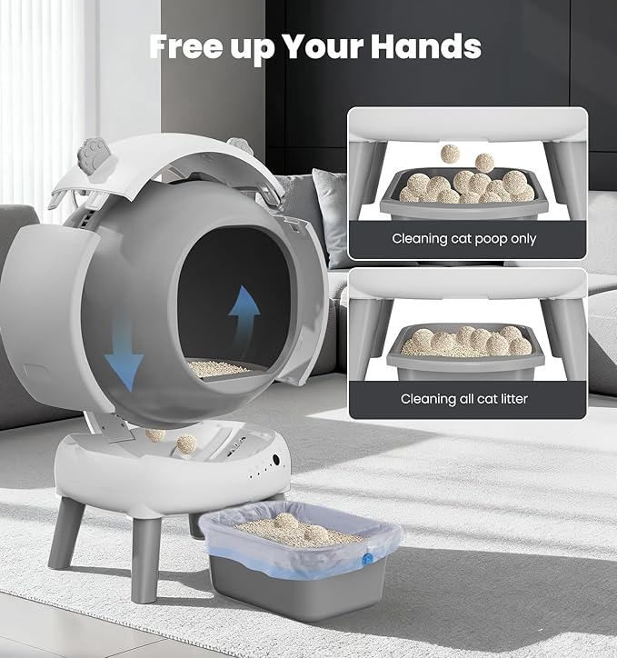 Self Cleaning Litter Box for Multiple Cats, Automatic Litter Box with APP Real-Time Monitor, Dual Safety Protection, Odor-Free Waste Disposal Includes Trash Bags, Gray