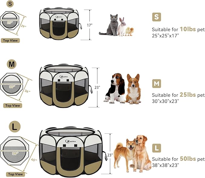 Dog Cat Playpen, Medium Puppy Pet Playpen, Dog Crate Tent Cage Indoor/Outdoor, Portable Pop Up Dogs Kennel Playpen with Carrying Case for Dogs/Cats/Rabbits (Khaki,Medium)