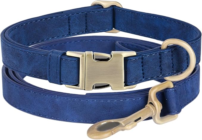 Genuine Leather Dog Collar - Adjustable Pet Collar with Quick Release Metal Buckle, Soft Skin Friendly Real Leather Collar for Small, Medium, Large Dogs (Blue Collar + Rope, L：Fit 15-23" Neck)