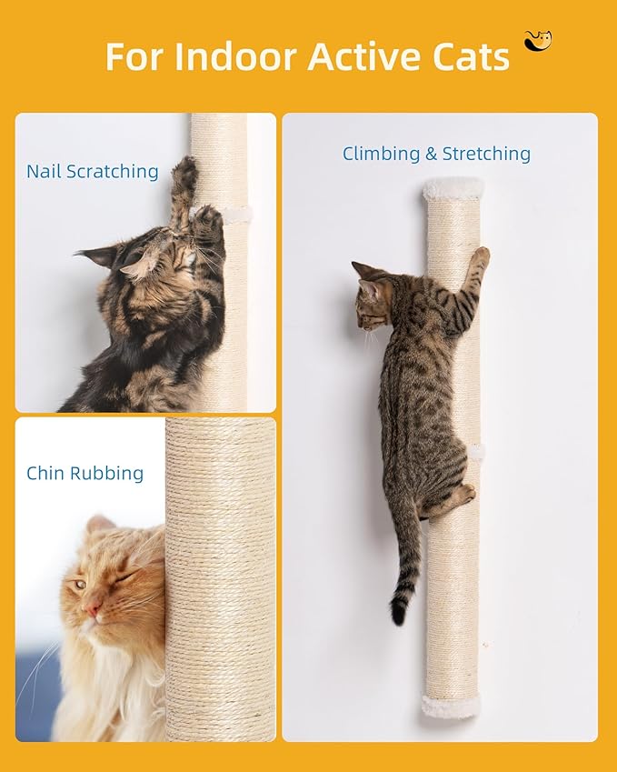 68" Cat Wall Scratcher, 2-Pcs of 34inch Tall Sisal Scratching Posts, Wall Mounted Cat Pole for Indoor Large Adult Cats Climb Stretch Play