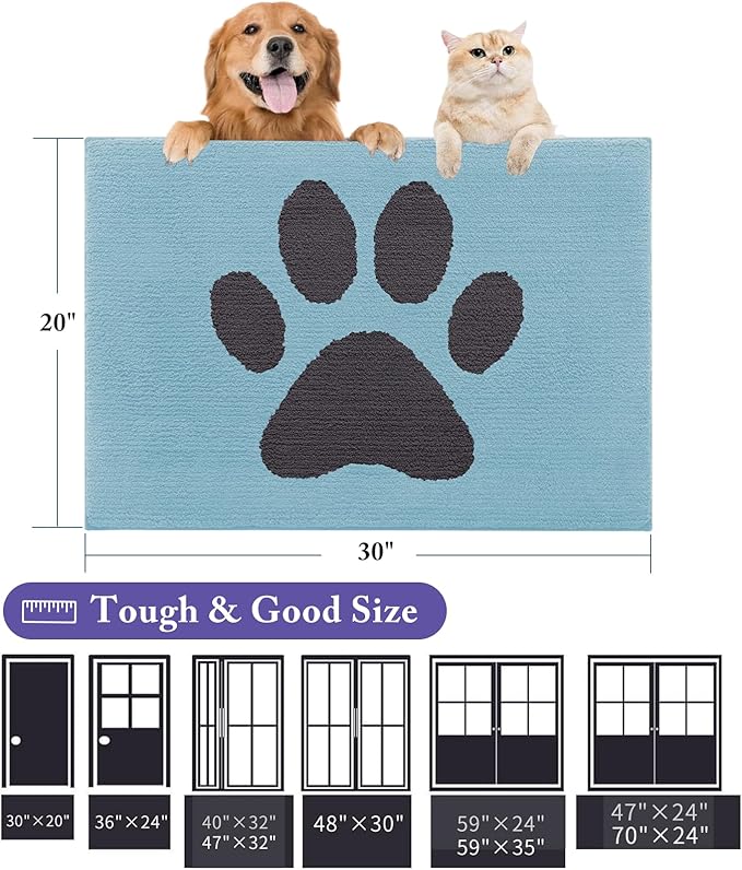 Buganda Dog Door Mat for Muddy Paws, Absorbent Dirt Trapper Non Slip Indoor Doormats, Washable Low-Profile Mat for Mud Dogs, Entryway Carpet for Inside Floor (36x24 Inches, Blue)
