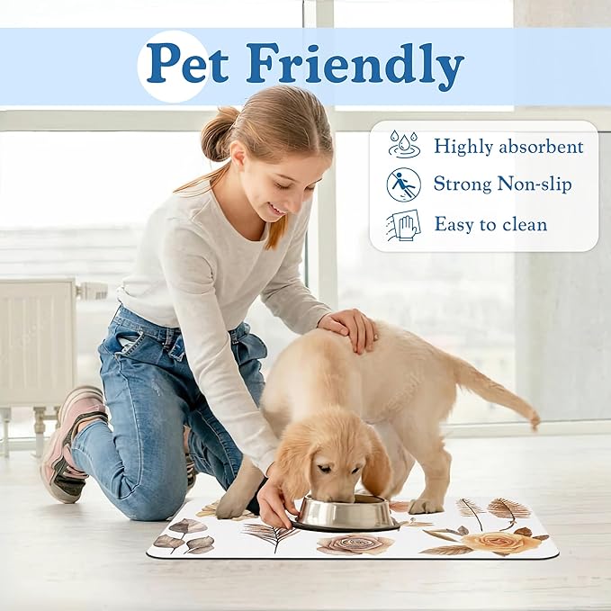 Floral Palm Leaves Dog Cat Food Mat–Christmas Stocking Absorbent Waterproof Placemat for Food and Water Bowls, Non Slip Rubber Backing, Feeding Mat for Clean Floors 12"x20"